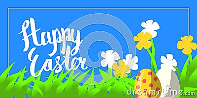 Vector greeting card for happy easter with hand lettering calligraphy and Illustrations in landscape composition Vector Illustration