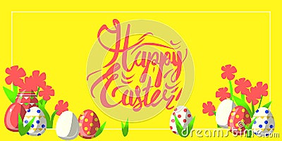 Vector greeting card for happy easter with hand lettering calligraphy and Illustrations in landscape composition Vector Illustration