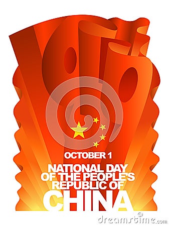 Vector greeting card for National Day of the People's Republic of China, October 1. Red flag and gold stars Vector Illustration