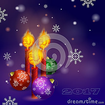 Vector greeting card for New Year. Three candles with the flame in the form of fiery rooster and three Christmas ball on a Vector Illustration