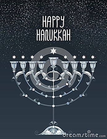 Vector greeting card with outline silver Hanukkah menorah or Chanukiah candelabrum and stars of David on the black background. Vector Illustration