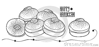 Vector greeting card with outline traditional Hanukkah sufganiyah or sufganiyot or doughnut in black isolated on white background. Vector Illustration