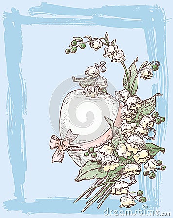 Vector greeting card with sketch easter egg and bouquet lilies-of-the-valley Vector Illustration