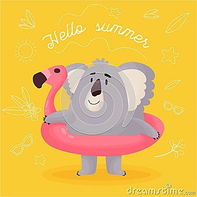 Vector greeting card for summer , start of vacation. A satisfied Koala goes to rest with a rubber circleo. Vector Illustration