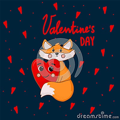 Vector Greeting card for Valentine's Day. A poster with lettering and a cute animal. Hearts, forest animal, cute fox Vector Illustration