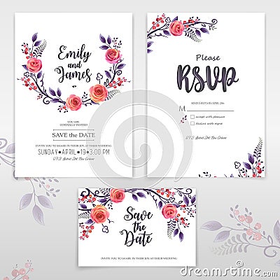 Vector greeting cards with roses and berries, can be used as invitation card for wedding, birthday and other holiday, easy to make Vector Illustration
