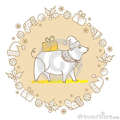 Vector greeting of outline pig with Christmas gift in pastel beige isolated. Symbol of Chinese New Year 2019 in contour style. Vector Illustration