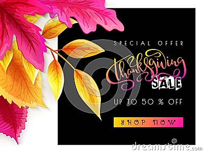 Vector greeting thanksgiving sale promotion banner with hand lettering label - happy thanksgiving - with bright autumn Vector Illustration