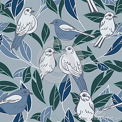 Vector grey blue green birds leaf seamless background pattern. Stock Photo
