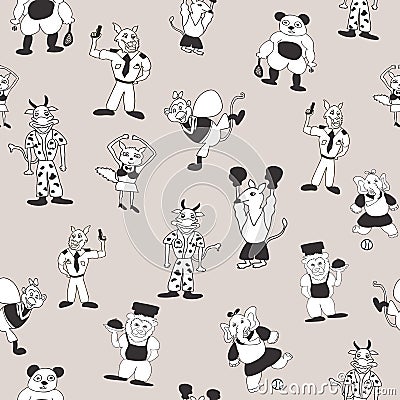 Vector grey cute black and white anthromorphic cartoon characters seamless pattern background Vector Illustration