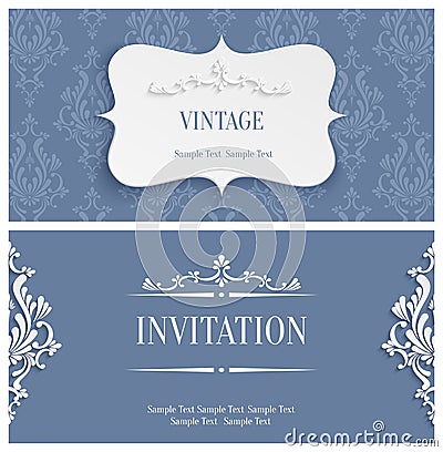 Vector Grey 3d Vintage Invitation Card with Floral Damask Pattern Vector Illustration