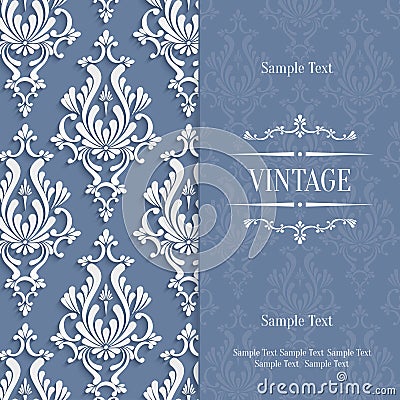 Vector Grey 3d Vintage Invitation Card with Floral Damask Pattern Vector Illustration