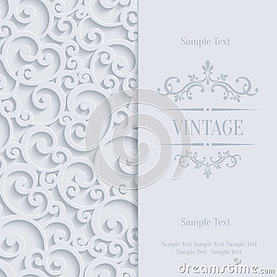 Vector Grey 3d Vintage Invitation Card with Floral Damask Pattern Vector Illustration