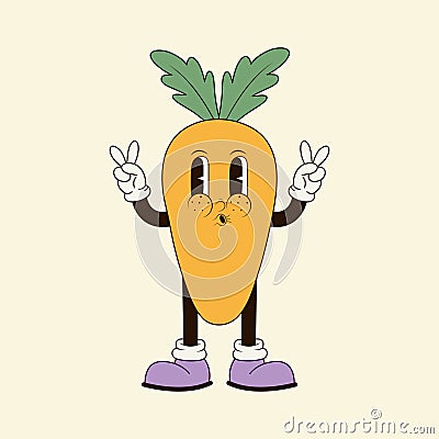 Vector groovy carrot character in trendy 70s style. Funky retro vegetable. Vector illustration Vector Illustration