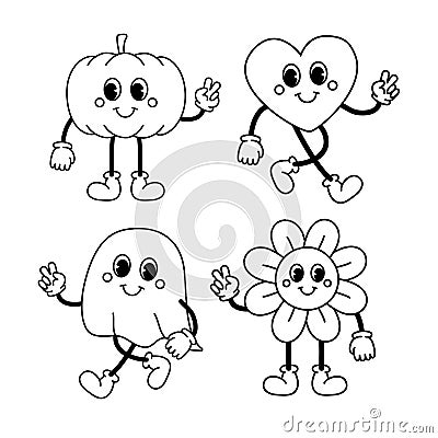 Vector groovy halloween retro outline characters Vector Illustration