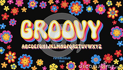 Vector groovy psychedelic alphabet. Contemporary psychedelia fun hand drawn font. Trippy simple naive daisy flowers backdrop. Boho Stock Photo