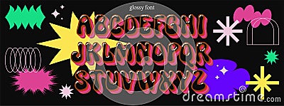 Vector groovy psychedelic shiny alphabet. Contemporary funky hand drawn trippy font. Simple geometric y2k shapes backdrop. Liquid Stock Photo