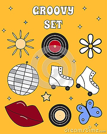 Vector groovy retro 79s set icons. Collection hippie elements in vintage style. Lips, disco ball, vinyl record, daisy Vector Illustration