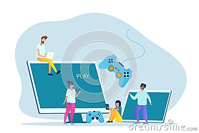 Vector of a group of gamers playing on different devices, mobile phone, tablet, laptop, console Vector Illustration