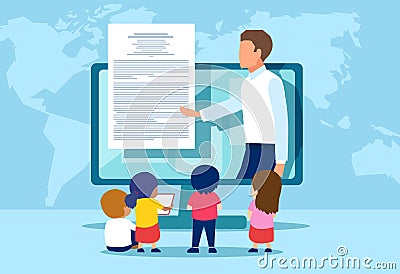 Vector of a group of kids watching online teacher class on computer Vector Illustration