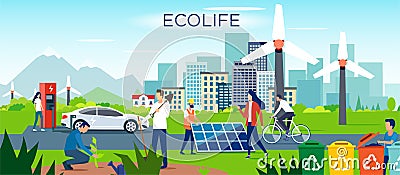 Vector of a group of men and women making a sustainable eco friendly lifestyle choice Vector Illustration