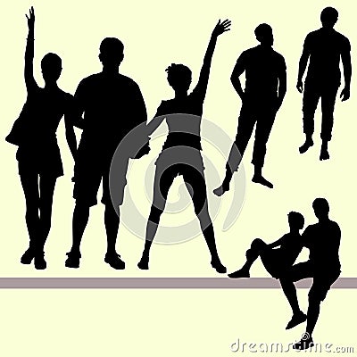 7 Vector group of people silhouettes, tourists travelers. Women waving a friendly hand, two figures of a man of sports build, tall Vector Illustration
