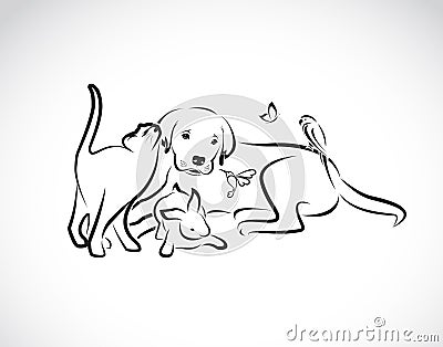 Vector group of pets - Dog, cat, parrot, rabbit, butterfly, Hummingbird isolated on white background. Pet. Animals. Easy editable Vector Illustration