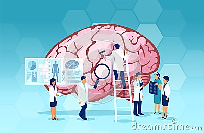 Vector of a group of scientists and doctors study human brain and psychology. Medical neurology research Vector Illustration