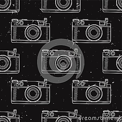 Vector grunge black and white vintage seamless pattern with retro photo cameras. Vector Illustration