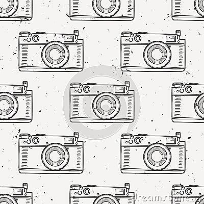 Vector grunge black and white vintage seamless pattern with retro photo cameras Vector Illustration