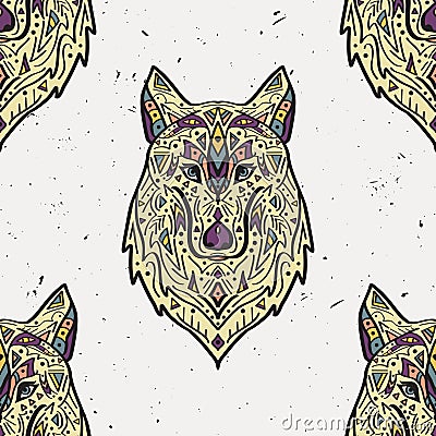 Vector grunge colorful seamless pattern with tribal style wolf with ethnic ornaments Vector Illustration