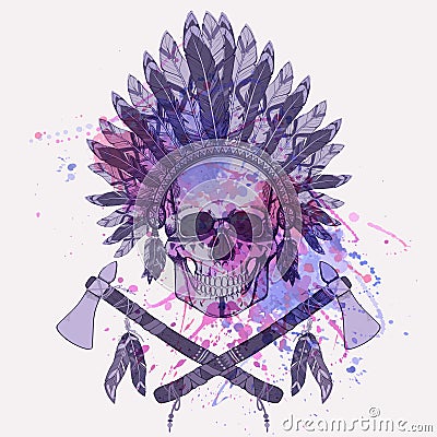 Vector grunge illustration of human skull in native american indian chief headdress Vector Illustration