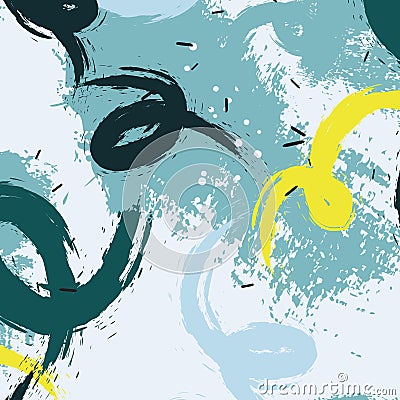 Vector grunge pastel blots in blue yellow colors. Wavy dynamic minimalistic pattern. Natural abstract brush stroke design. Surface Vector Illustration