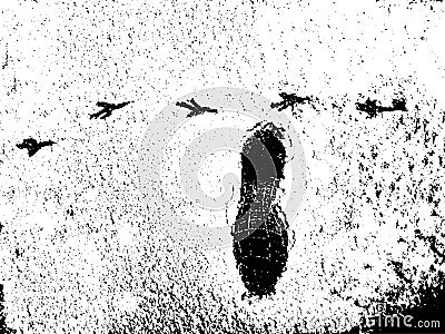 Vector grunge texture footprints of bird paws and human shoes on snow. Using the effect of distress, weathering, dust, dirt Stock Photo