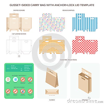 Vector gusset sided carry bag with anchor lock lid templates set Vector Illustration