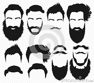 Vector Hair and beard shapes design constructor with men vector silhouette. Fashion silhouette black beard and mustache Vector Illustration