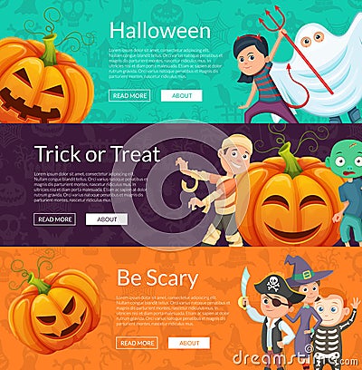 Vector halloween banner set template with cartoon pumpkins and kids in pirate, mummy and skeleton cotumes Vector Illustration