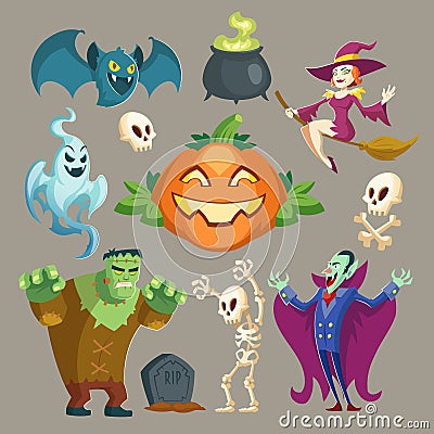 Vector Halloween characters, October holiday cartoon elements Vector Illustration