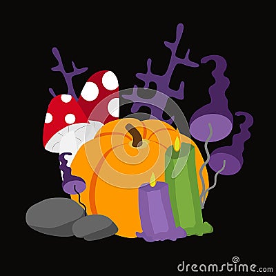 Vector Halloween collage. Pumpkin and mushrooms toadstool and amanita and ritual candles and branches on a black background. Stock Photo