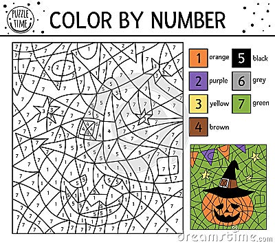 Vector Halloween color by number activity with cute pumpkin lantern in wizard hat. Autumn holiday coloring and counting game. Vector Illustration
