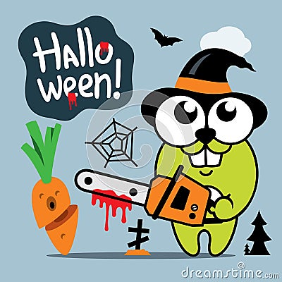 Vector Halloween Crazy Rabbit in witch hat Cartoon Illustration. Vector Illustration