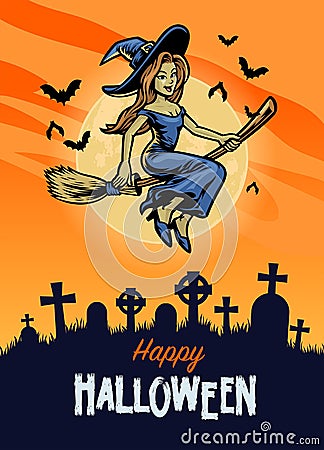 Halloween design with cute witch riding flying broom Vector Illustration