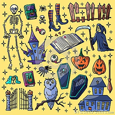 Vector Halloween hand drawn doodle objects set with skeleton, book, witch shoes and wooden fence illustration Vector Illustration