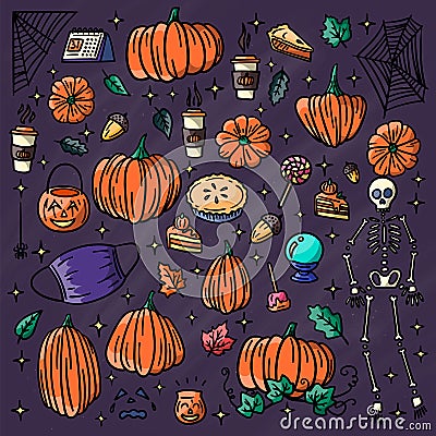 Vector Halloween hand drawn doodle objects set with skeleton, pumpkins, coffee, maple leaves, mask and pie and acorn illustration Vector Illustration