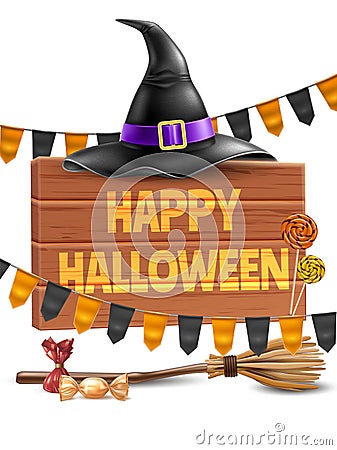 Vector happy halloween poster witch hat, broom Vector Illustration