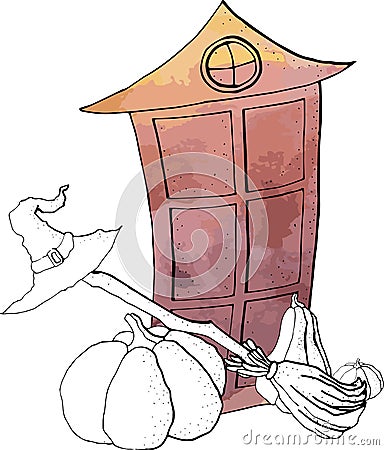 VECTOR HALLOWEEN ILLUSTRATION OF PUMPKIN WINDOW BROOMS AND HATS WITH WATERCOLOR EFFECT Vector Illustration