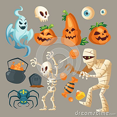 Vector Halloween objects, October holiday cartoon elements Vector Illustration