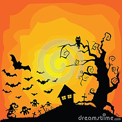 Vector Halloween orange background with many flying bats, old house, ghosts, tombs, owl, tree. Vector Illustration