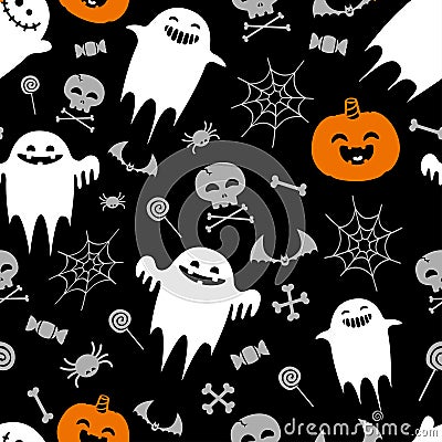 Halloween pattern with ghosts and pumpkins, bats, cobwebs, skulls Stock Photo