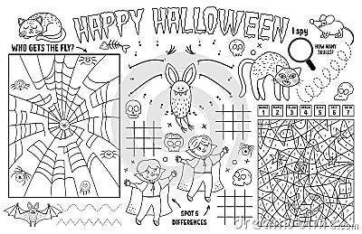 Vector Halloween placemat for kids. Fall holiday printable activity mat with maze, tic tac toe charts, connect the dots, find Vector Illustration